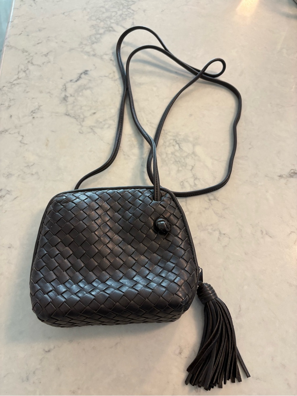 Source Unknown Black Woven Leather Crossbody with Tassel